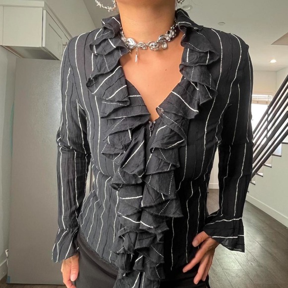 Black Anne Fontaine Paris whimsigoth Victorian ruffle chic zip up longsleeve top - Picture 2 of 5